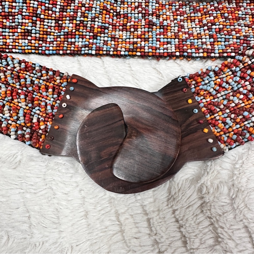Multicolor Heavy Glass Beaded Belt Western, Stretchy, Boho, Hippy, Wood Buckle